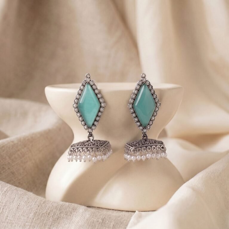 Seafoam Mist Boho Kite Stone Antique Silver Plated Jhumka
