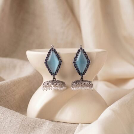 Ice Blue Boho Kite Stone Antique Silver Plated Jhumka