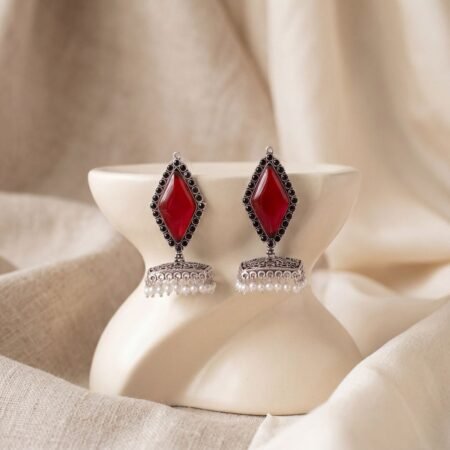 Crimson Red Boho Kite Stone Antique Silver Plated Jhumka