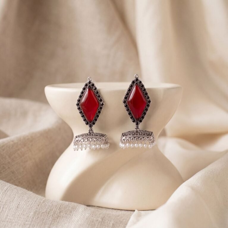 Crimson Red Boho Kite Stone Antique Silver Plated Jhumka