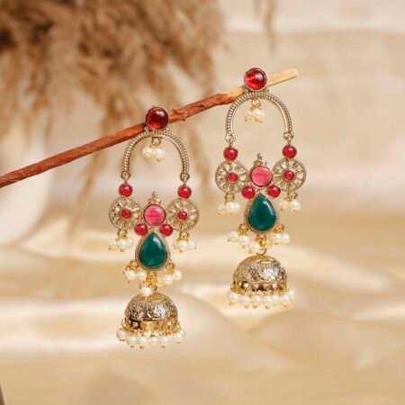 Ruby & Emerald Chandrakala Jhumka Earrings | Traditional Gold-Plated Jhumka