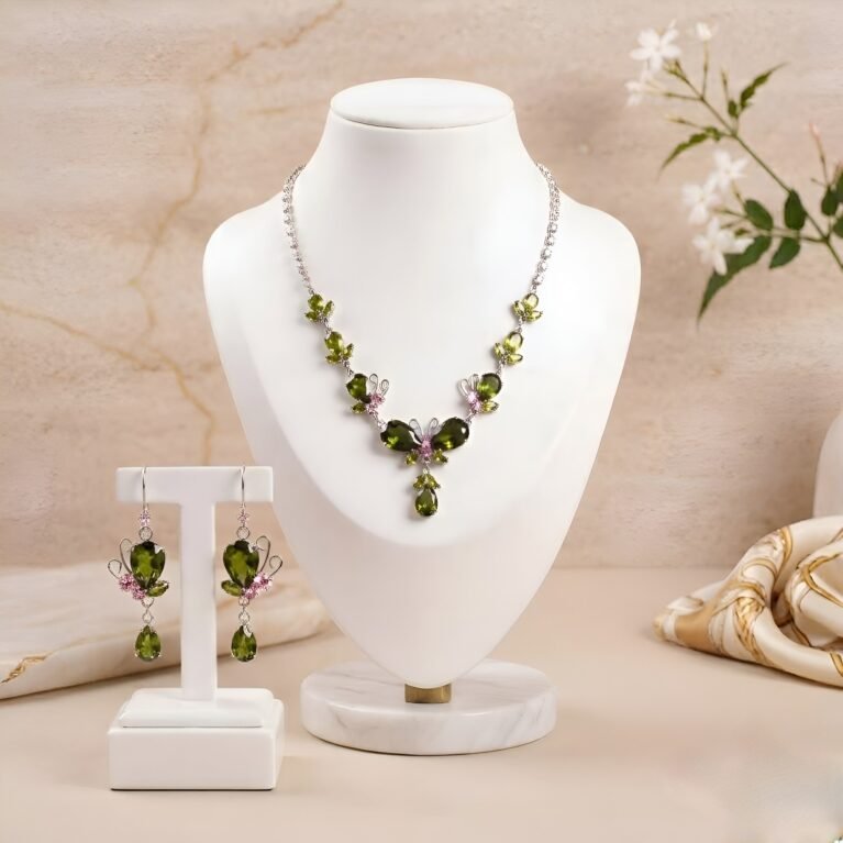 Olive Flutter Butterfly Parure | Silver-Plated Necklace & Earring Set