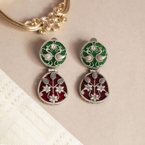 Emerald Embers Vanmayi Antique Silver Plated Drop Earrings | Silver Electroplated Danglers