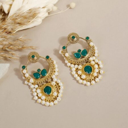 Emerald Green Gold Plated Crescendo Dewfall Pearl Chandbali