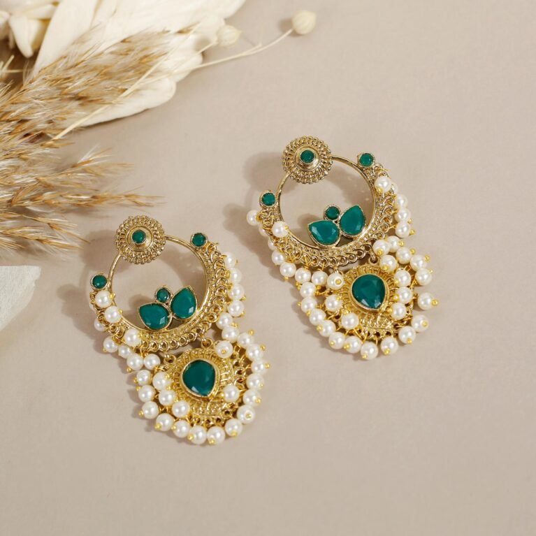 Emerald Green Gold Plated Crescendo Dewfall Pearl Chandbali