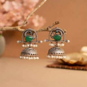 Emerald Moss Antique Silver Plated Charm Jhumka | Nature Inspired Collection