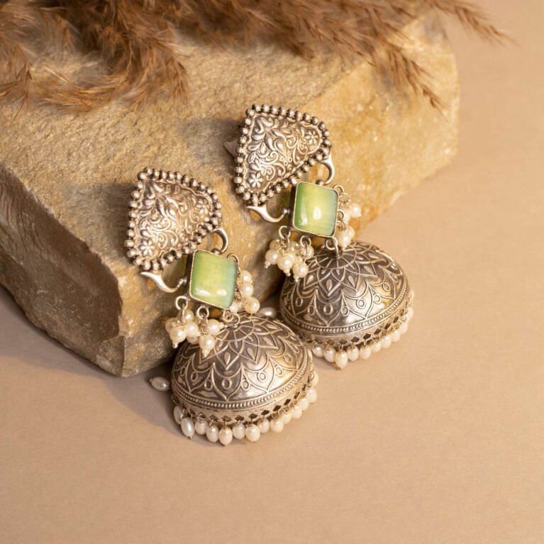 Diwan-e-Khas Antique Silver Plated Regal Jhumka with Soft Glow Sage Monalisa Stone