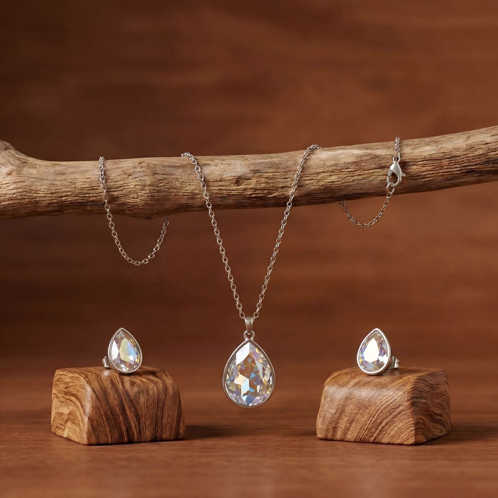 Crystalline Pear-Cut Pendant Necklace & Stud Earrings Set | Rhodium-Plated Silver Chain Set