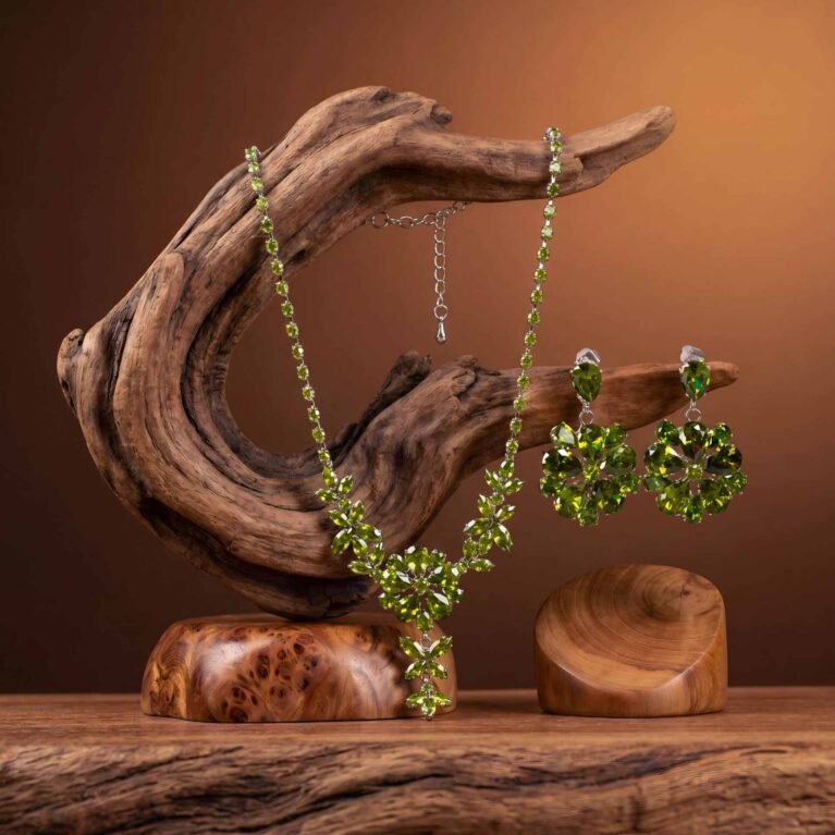Verdant Bloom Crystal Necklace & Earring Set | Rhodium-Plated Pear-Cut Floral Cluster Set