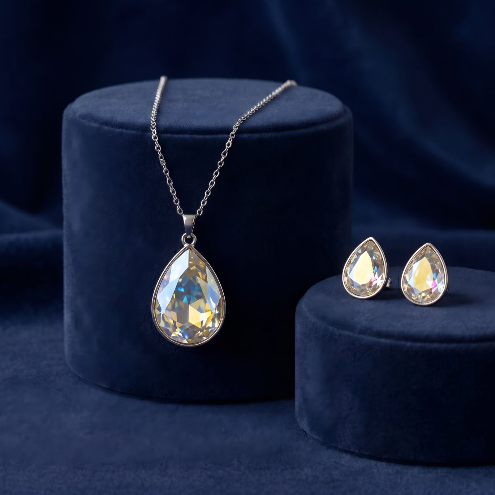 Crystalline Pear-Cut Pendant Necklace & Stud Earrings Set | Rhodium-Plated Silver Chain Set
