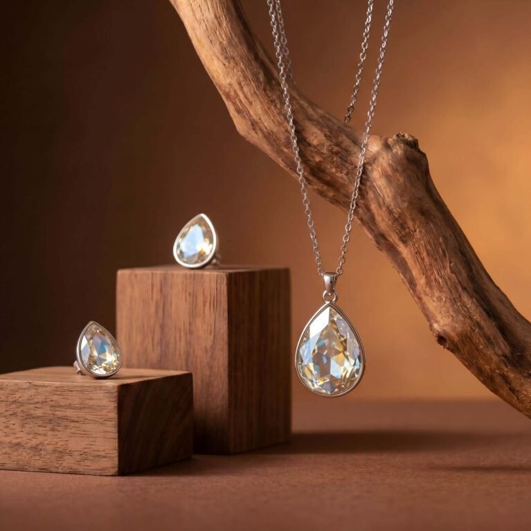 Crystalline Pear-Cut Pendant Necklace & Stud Earrings Set | Rhodium-Plated Silver Chain Set