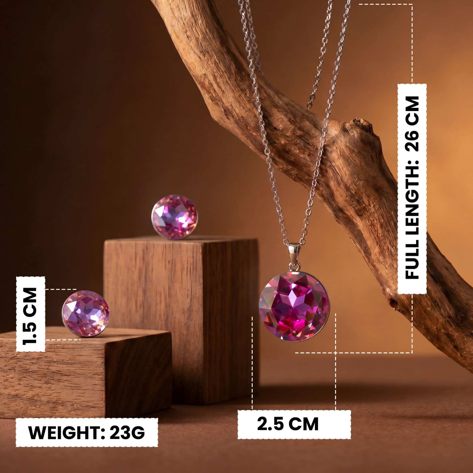 Fuchsia Selene Pendant Ensemble | Silver-Plated Necklace & Earring Set