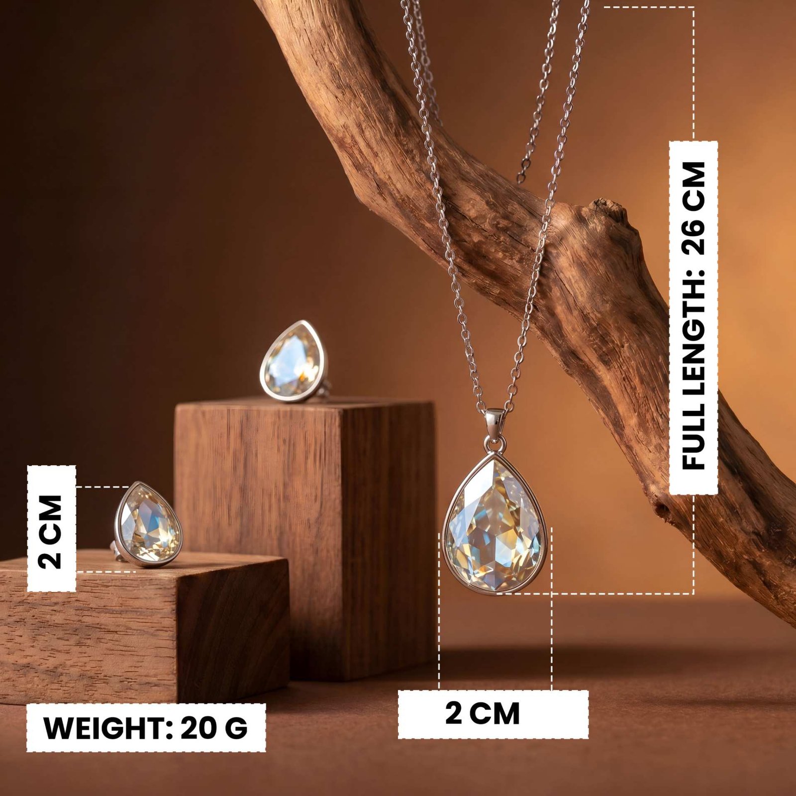 Crystalline Pear-Cut Pendant Necklace & Stud Earrings Set | Rhodium-Plated Silver Chain Set