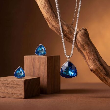 Sapphire Trillion Pendant Necklace & Stud Earrings Set | Rhodium-Plated CZ Chain Set