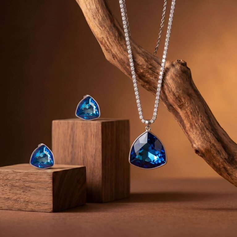 Sapphire Trillion Pendant Necklace & Stud Earrings Set | Rhodium-Plated CZ Chain Set