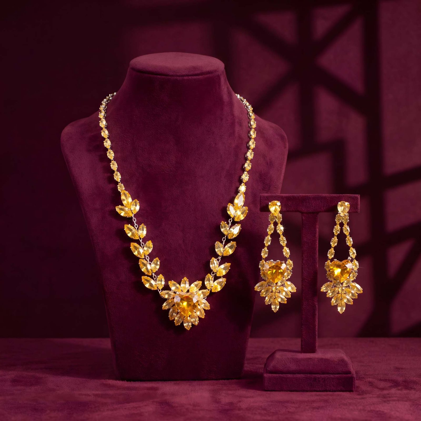 Citrine Heart Crystal Necklace & Earring Set | Rhodium-Plated Marquise & Heart-Cut Statement Set