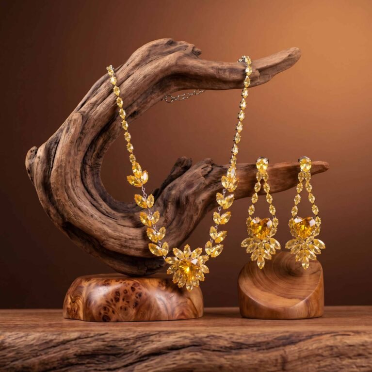 Citrine Heart Crystal Necklace & Earring Set | Rhodium-Plated Marquise & Heart-Cut Statement Set