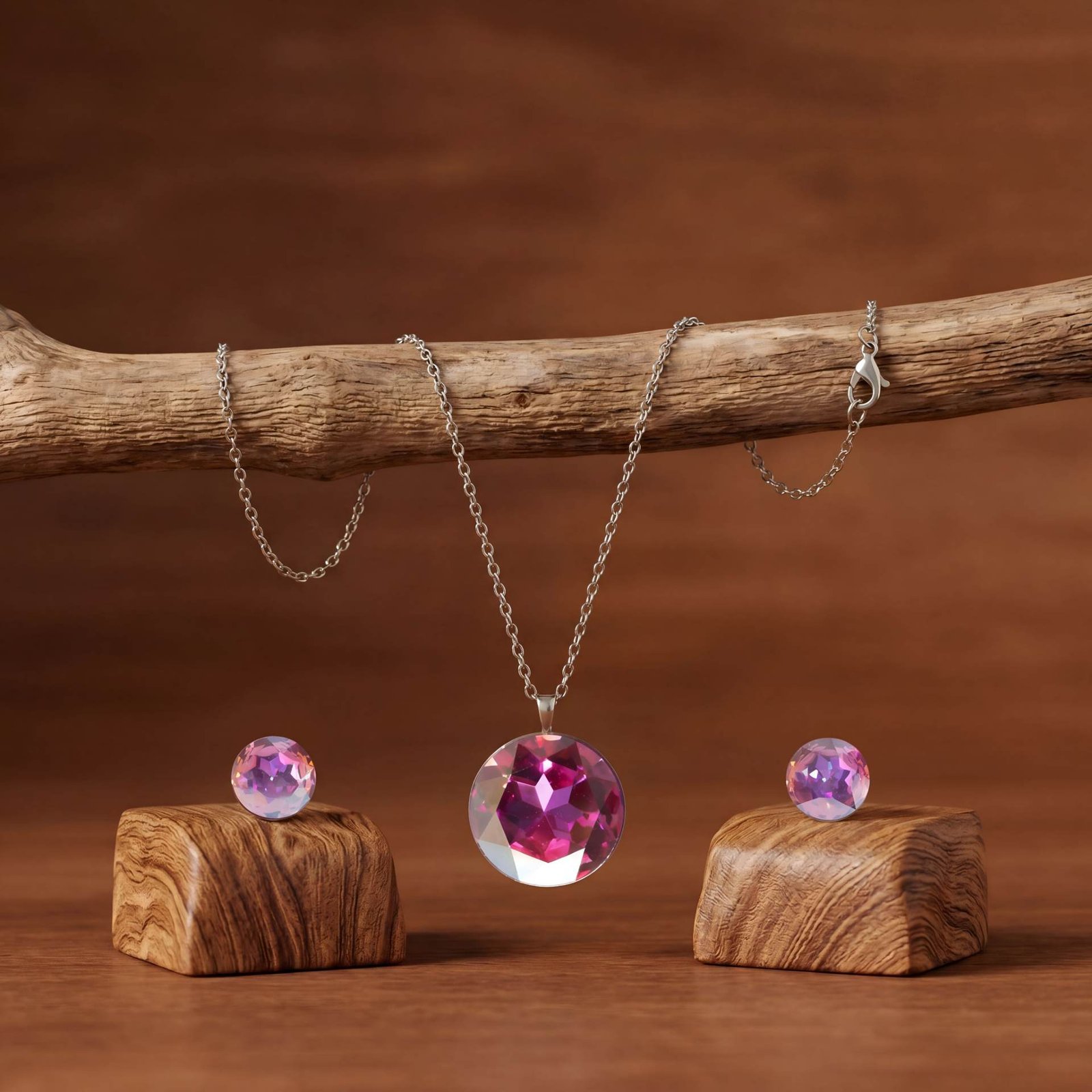 Fuchsia Selene Pendant Ensemble | Silver-Plated Necklace & Earring Set