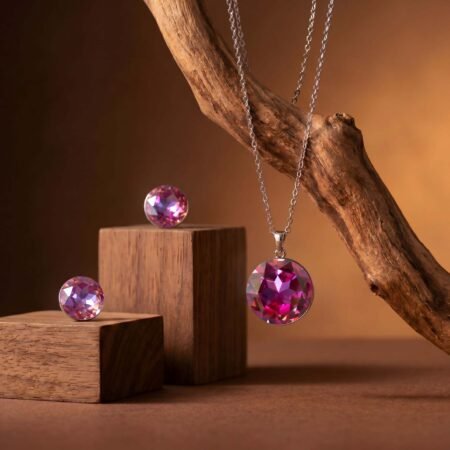 Fuchsia Selene Pendant Ensemble | Silver-Plated Necklace & Earring Set