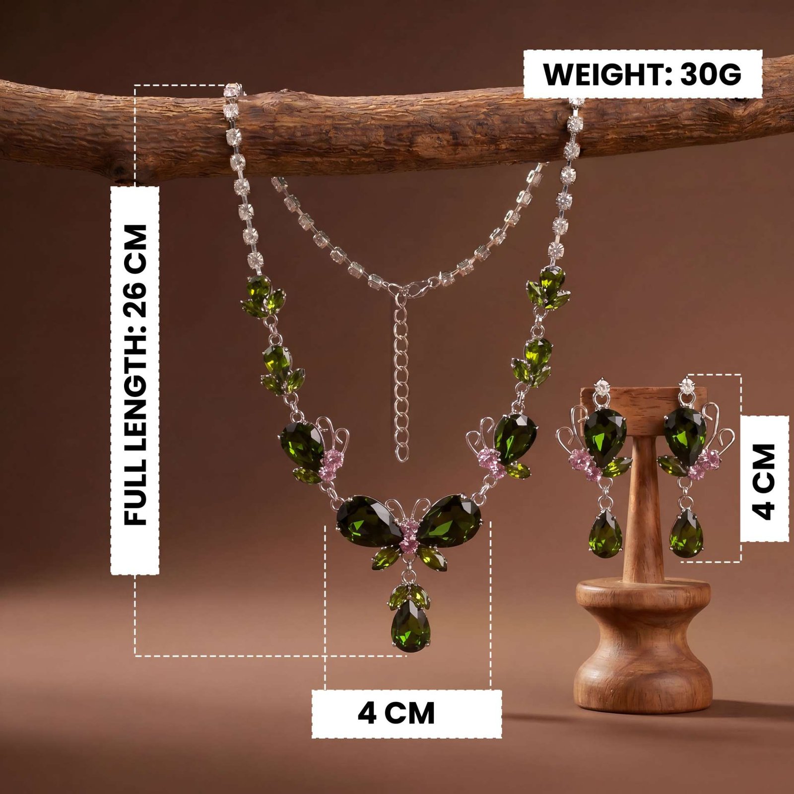 Olive Flutter Butterfly Parure | Silver-Plated Necklace & Earring Set