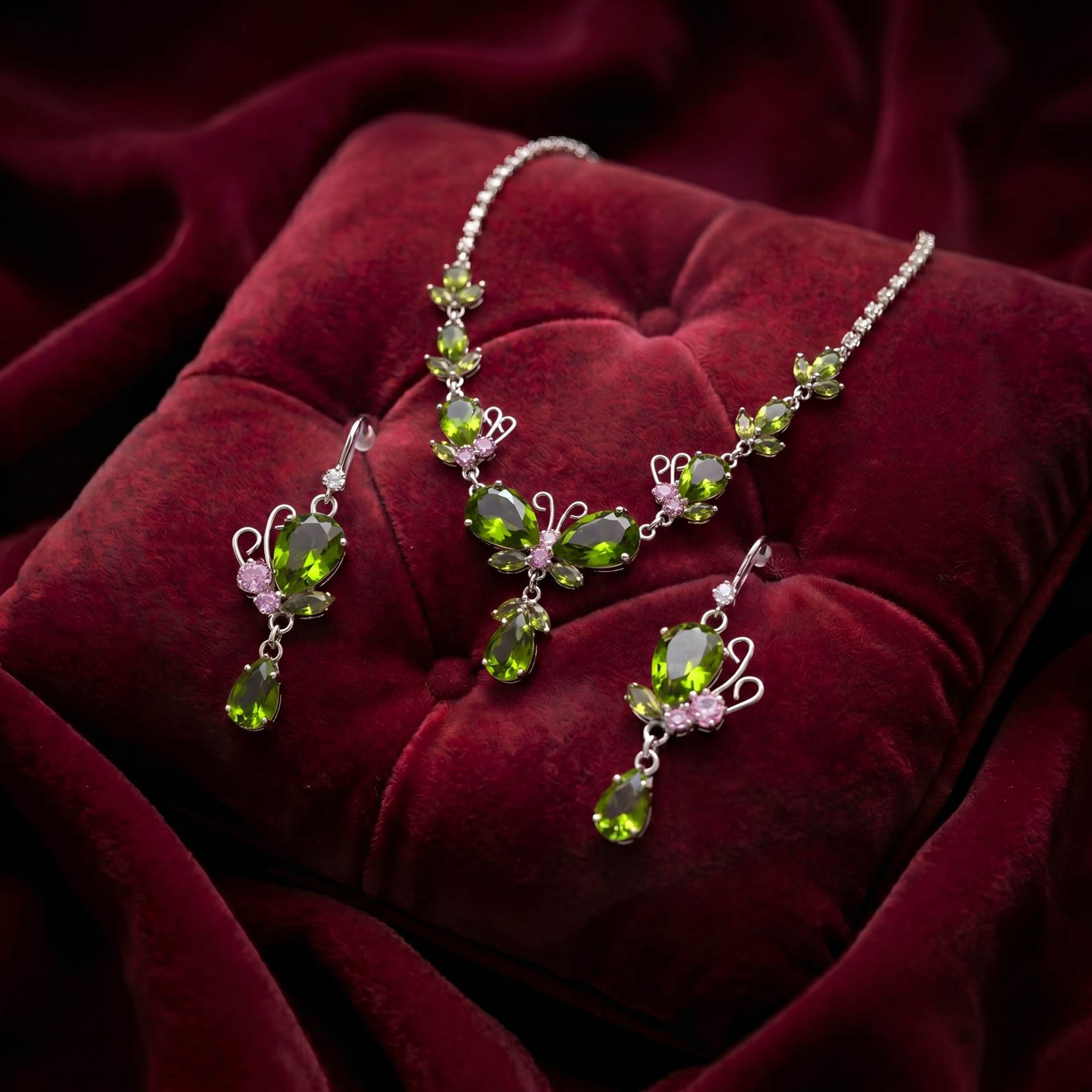 Olive Flutter Butterfly Parure | Silver-Plated Necklace & Earring Set