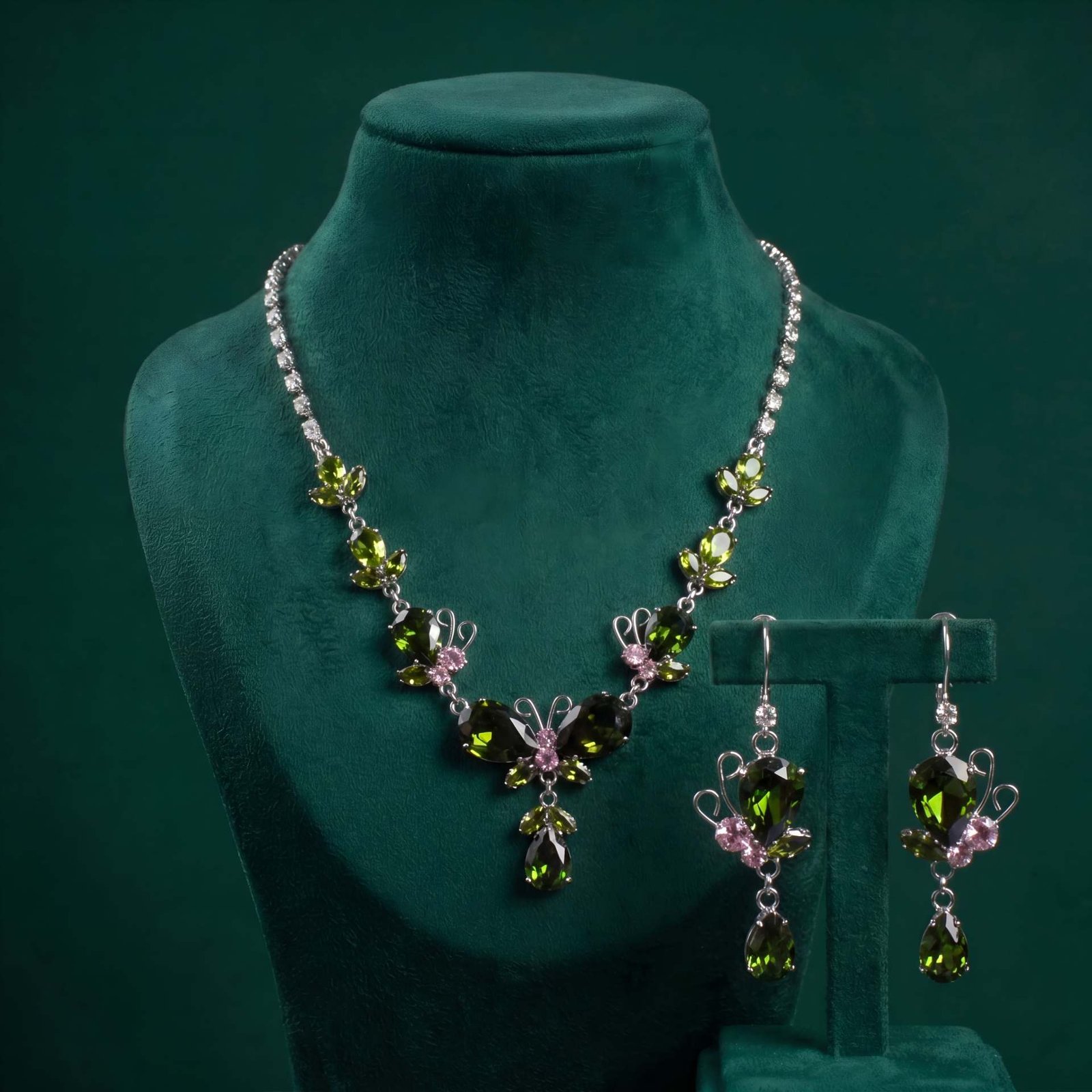 Olive Flutter Butterfly Parure | Silver-Plated Necklace & Earring Set