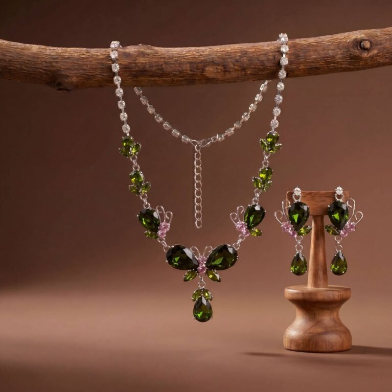 Olive Flutter Butterfly Parure | Silver-Plated Necklace & Earring Set