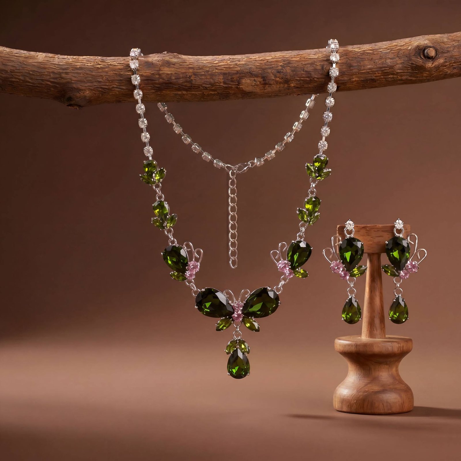 Olive Flutter Butterfly Parure | Silver-Plated Necklace & Earring Set