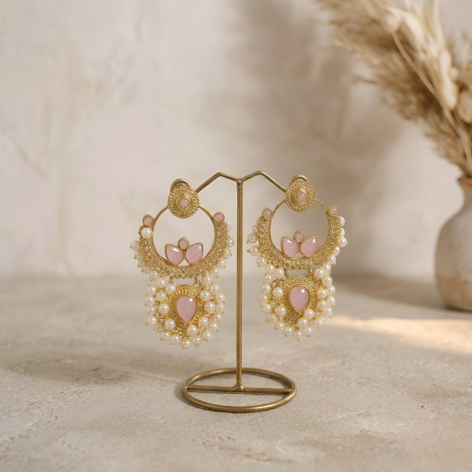 Blush Pink Gold Plated Crescendo Dewfall Pearl Chandbali