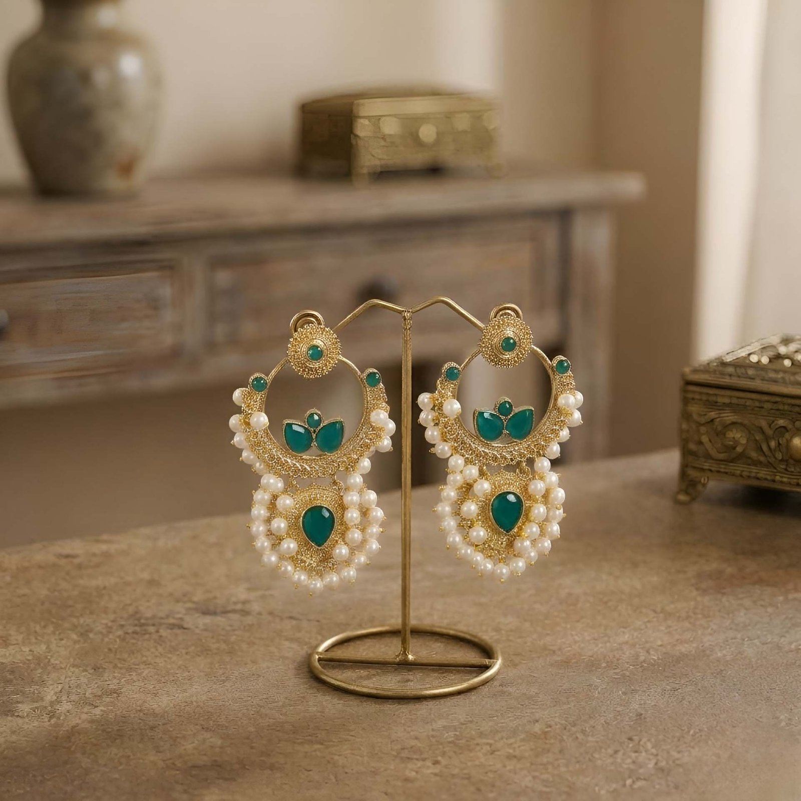 Emerald Green Gold Plated Crescendo Dewfall Pearl Chandbali