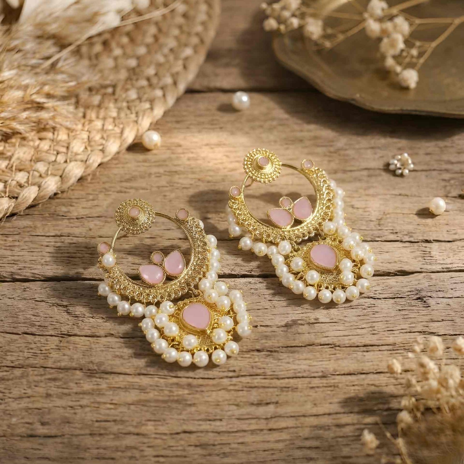 Blush Pink Gold Plated Crescendo Dewfall Pearl Chandbali