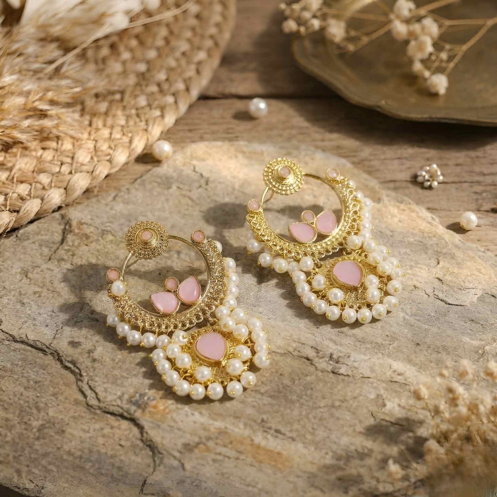Blush Pink Gold Plated Crescendo Dewfall Pearl Chandbali