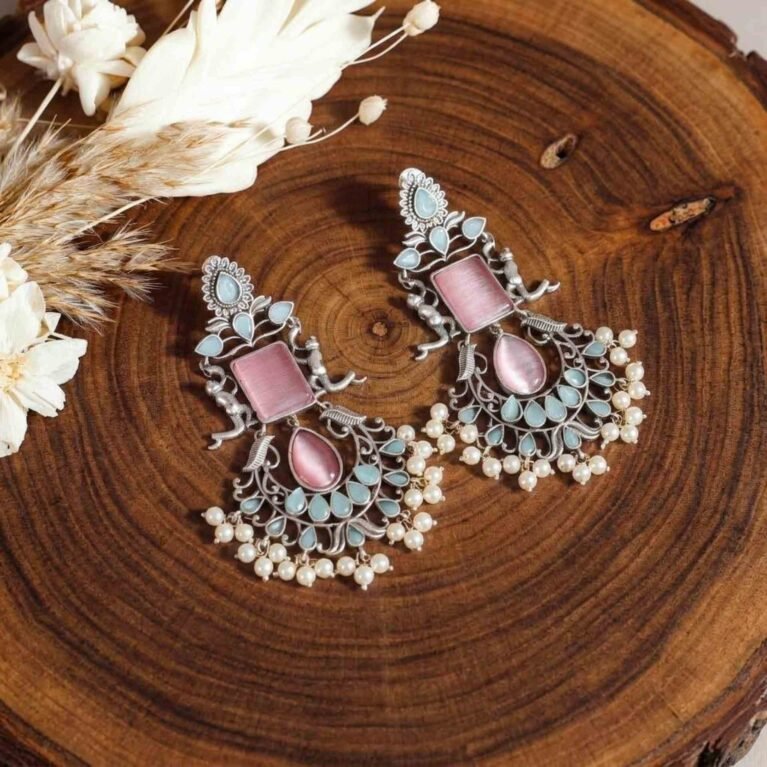 Blush Mint Silver Electroplated Dvarapala Chandbali