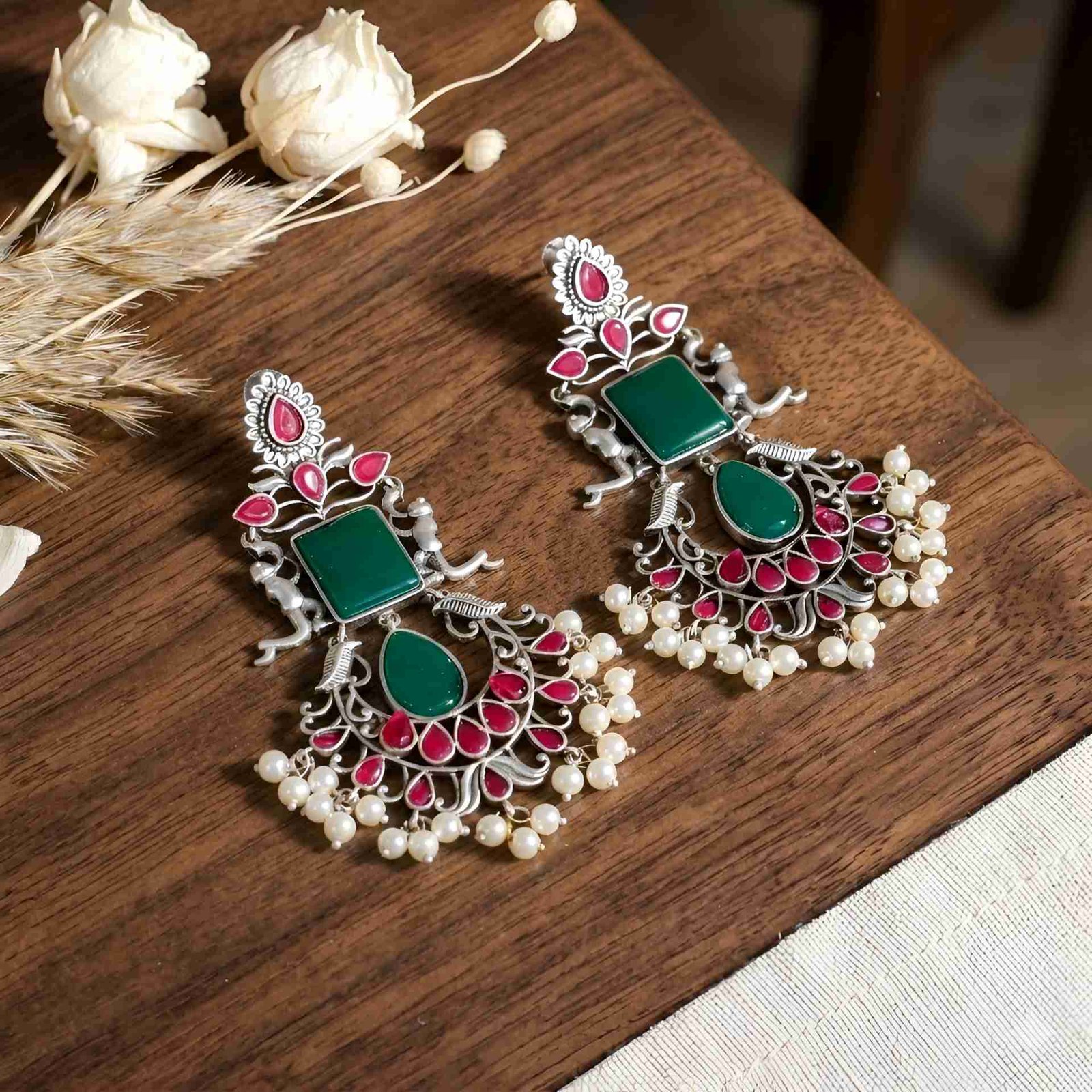Jade Crimson Silver Electroplated Dvarapala Chandbali