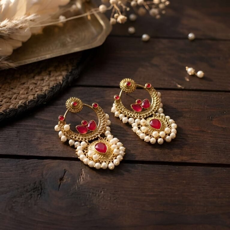 Ruby Pink Gold Plated Crescendo Dewfall Pearl Chandbali