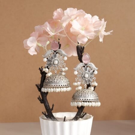 Blush Pink Shabnam Filigree Antique Silver Plated Jhumka