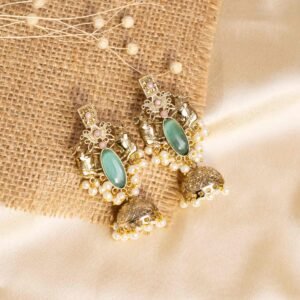 Forest Green Gold-Plated Pearl Fringe Jhumkas
