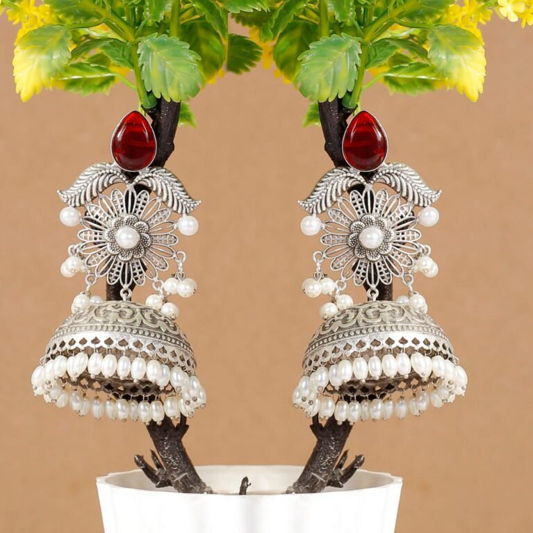 Ruby Red Shabnam Filigree Antique Silver Plated Jhumka