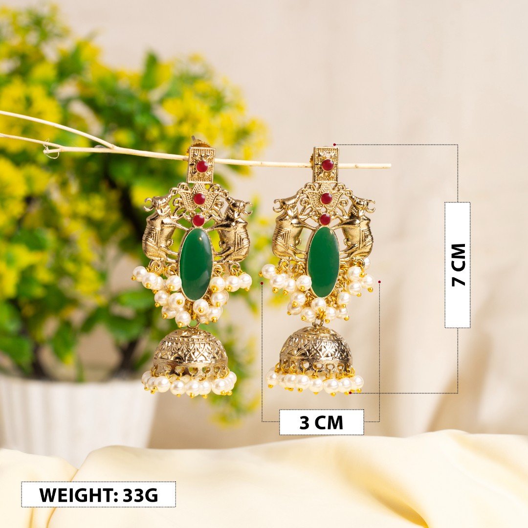 Forest Green Gold-Plated Pearl Fringe Jhumkas