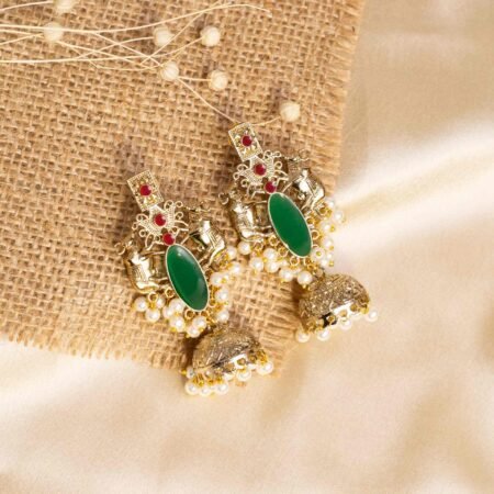 Forest Green Gold-Plated Pearl Fringe Jhumkas