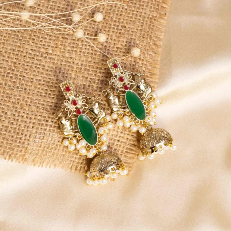 Forest Green Gold-Plated Pearl Fringe Jhumkas