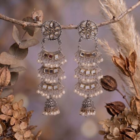 Darpan Cascade Geometric Dome Antique Silver Jhumka