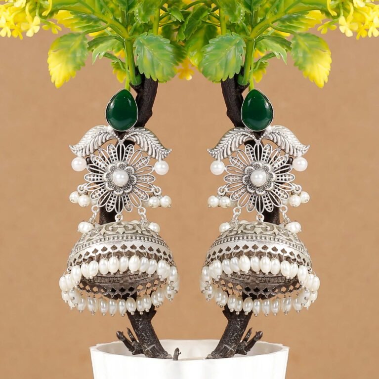 Emerald Green Shabnam Filigree Antique Silver Plated Jhumka