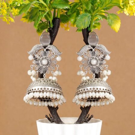 Smoke Grey Shabnam Filigree Antique Silver Plated Jhumka