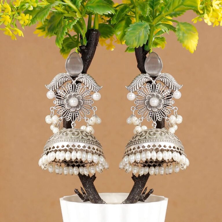 Smoke Grey Shabnam Filigree Antique Silver Plated Jhumka