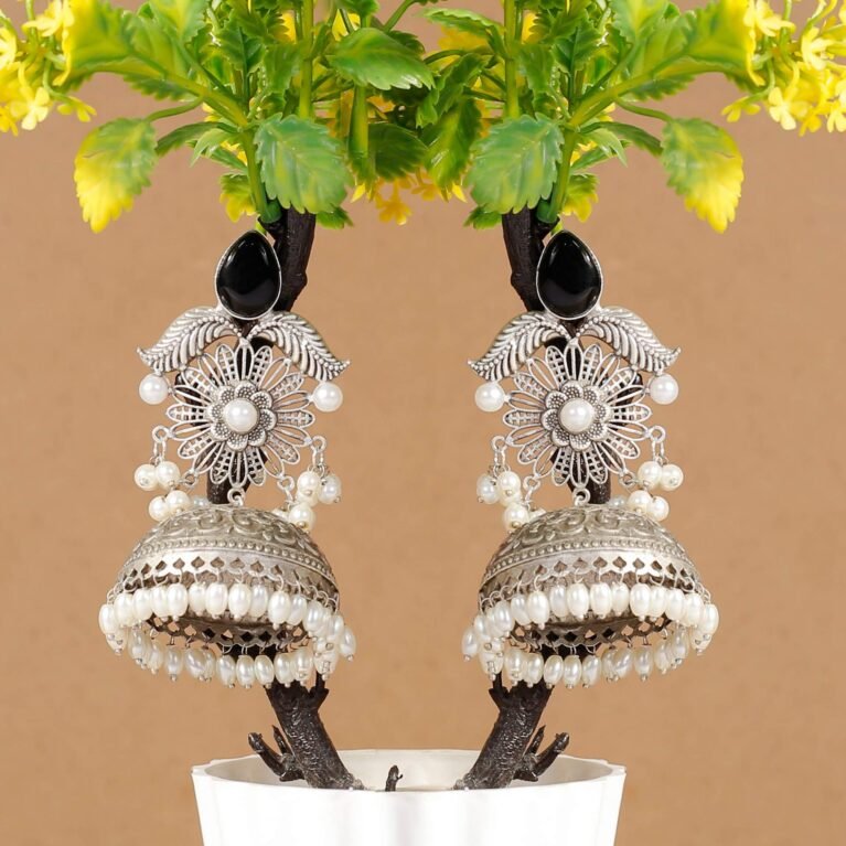 Onyx Black Shabnam Filigree Antique Silver Plated Jhumka