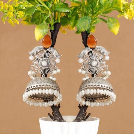 Burnt Orange Shabnam Filigree Antique Silver Plated Jhumka