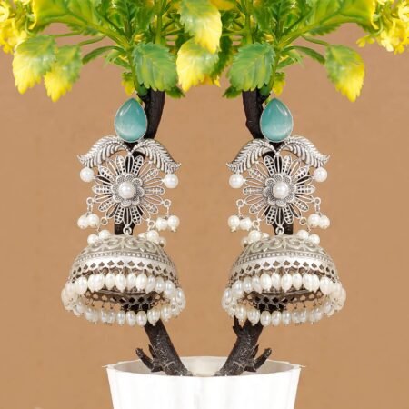 Turquoise Shabnam Filigree Antique Silver Plated Jhumka