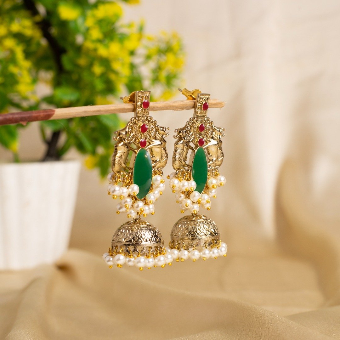 Forest Green Gold-Plated Pearl Fringe Jhumkas