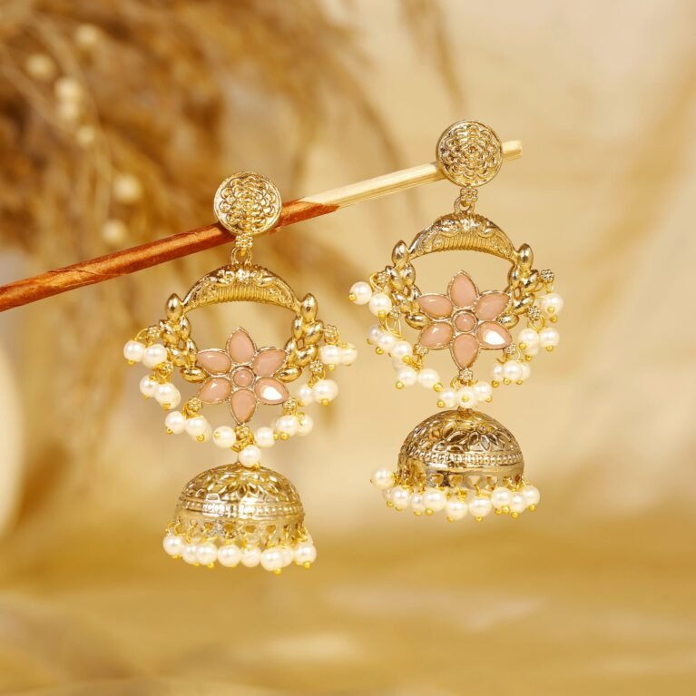 Blush Pink Jharokha Bloom Gold Dome Jhumka
